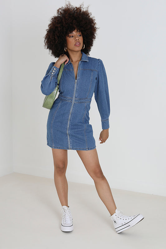 Blue Zip Through Collared Denim Mini Dress