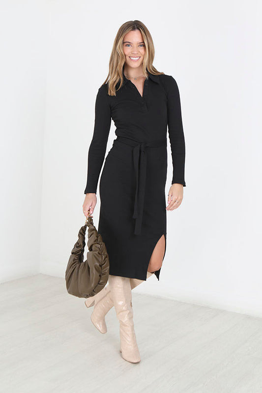 Black Ribbed Long Sleeve Collared Maxi Dress
