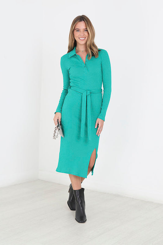 Emerald Green Ribbed Long Sleeve Collared Maxi Dress