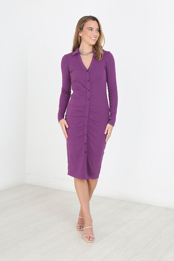Purple V Neck Ruched Ribbed Long Sleeve Dress