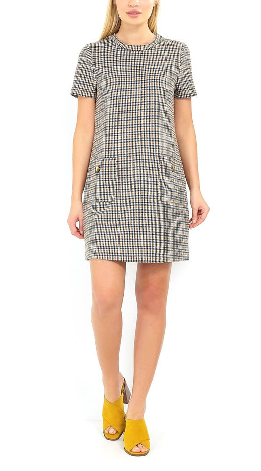 Pocket Detail Checked Short Sleeve Shift Dress