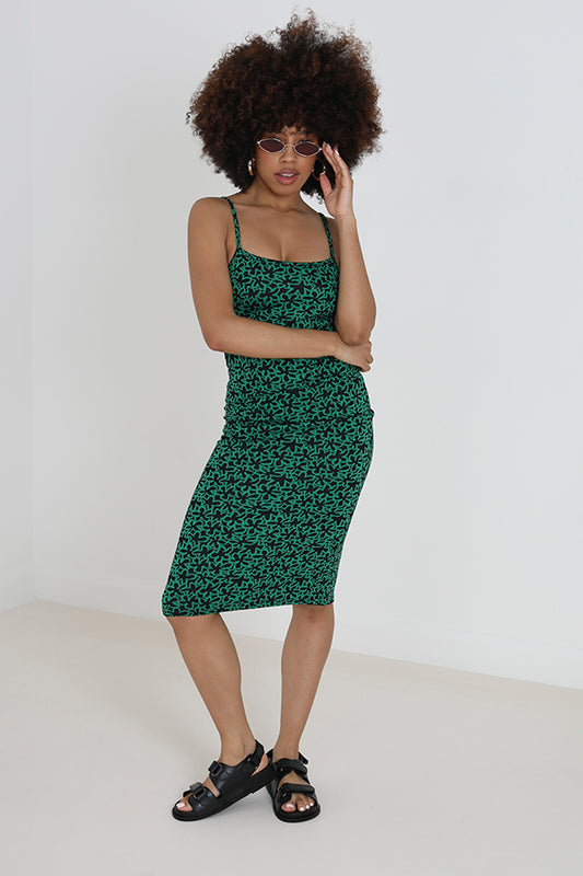Black/Green Floral Print Midi Dress