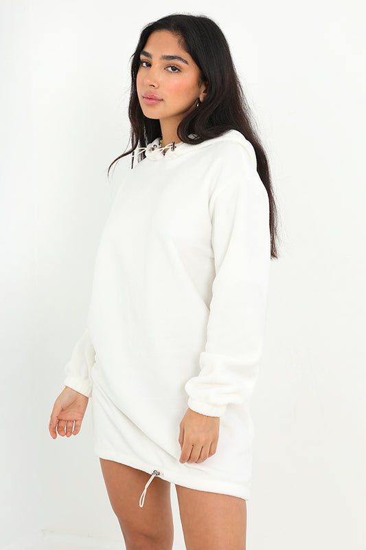 Cream Polar Fleece Drawcord Hoodie Dress