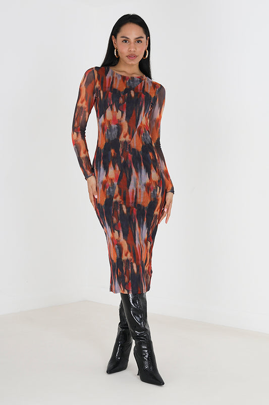 Long Sleeve Printed Mesh Dress