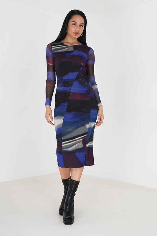 Long Sleeve Printed Mesh Dress