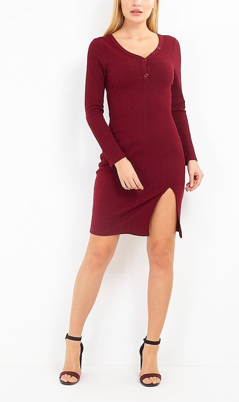 Split Hem Ribbed Long Sleeve Dress