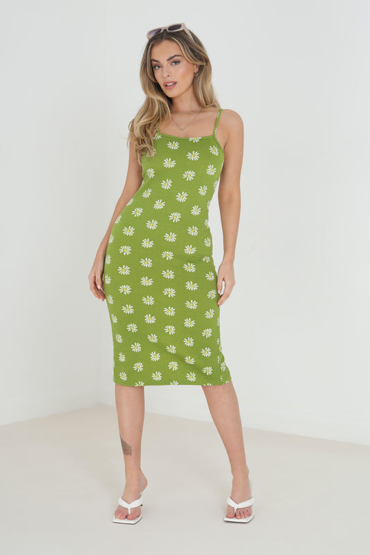 Strappy Daisy Print Split Detail Midi Dress