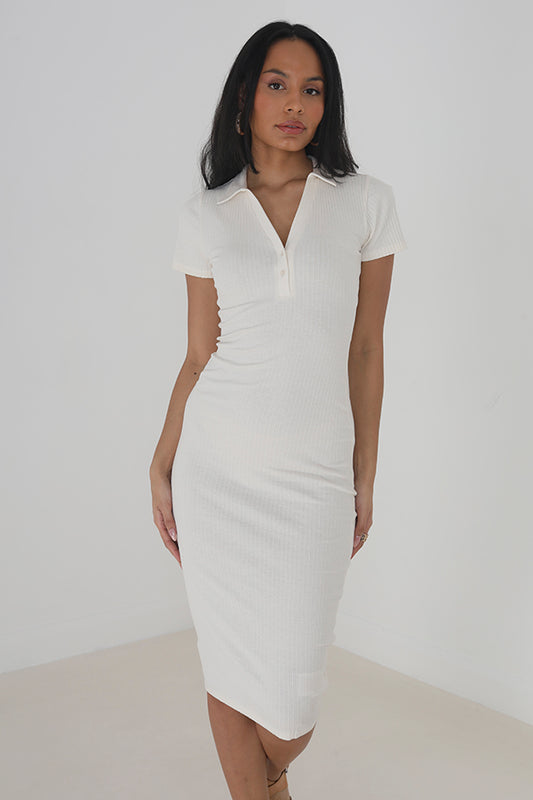 Collared Ribbed V-Neck Midi Dress