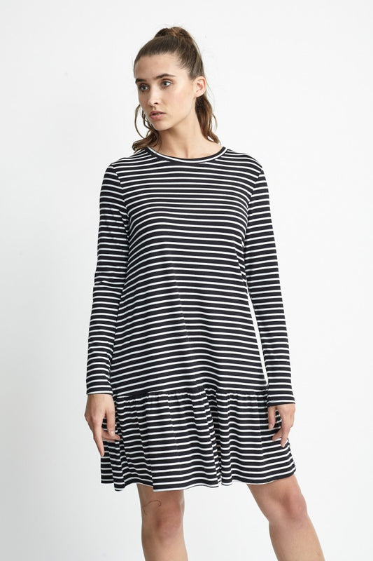 Moss Stripe Print Peplum Hem Dress