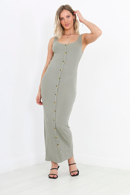 Khaki Green Button Through Vest Shape Maxi Dress