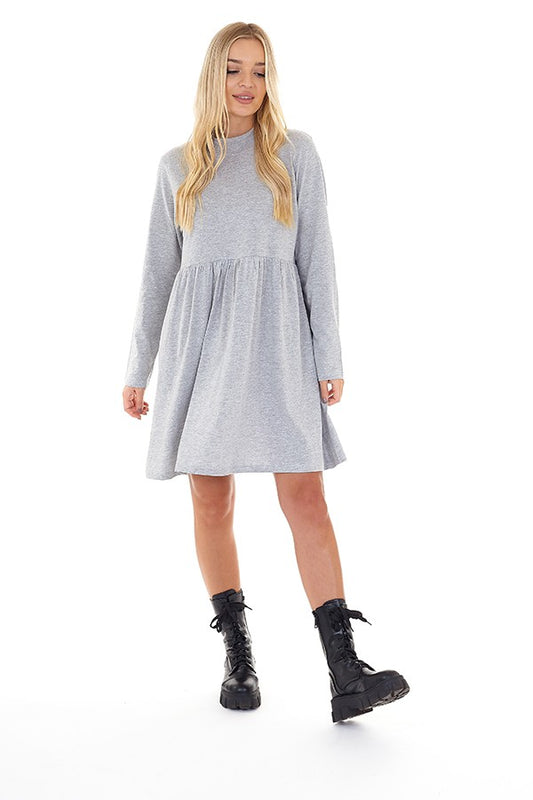 Grey Long Sleeve Mini Smock Dress