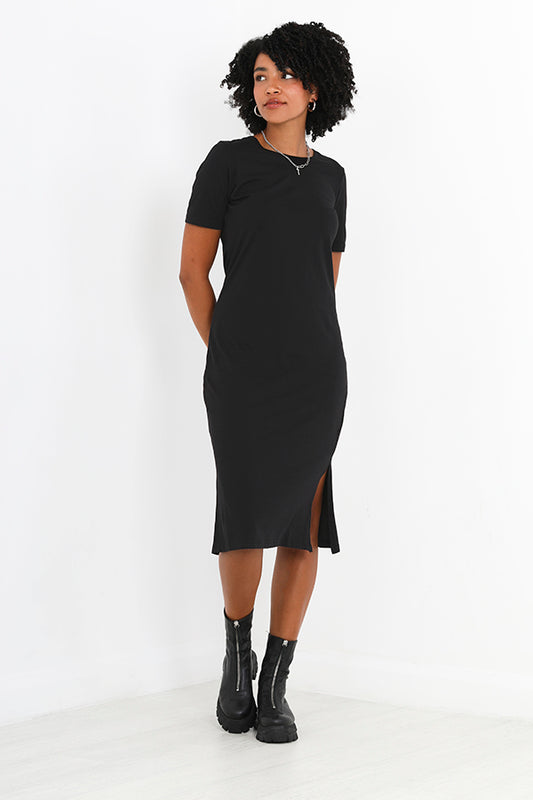 Plain Black Split Detail Maxi T-Shirt Dress