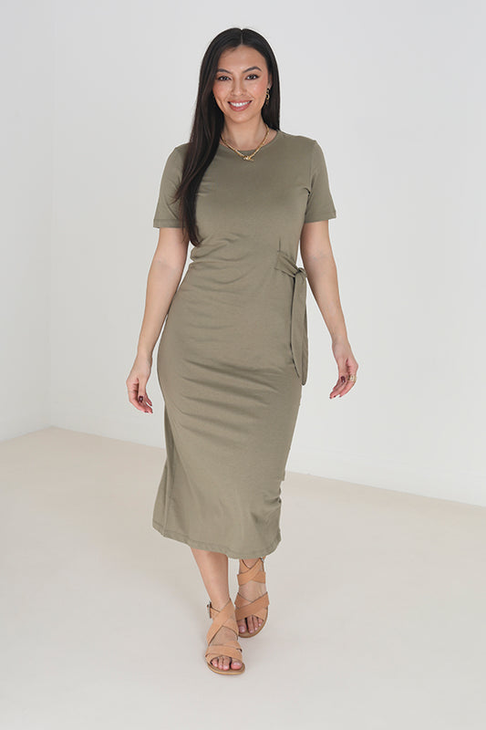 Solid Back Split Side Knot Midi Dress