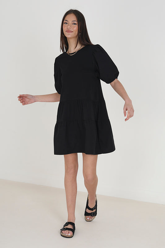 Black Crew Neck Puff Sleeve Smock Dress