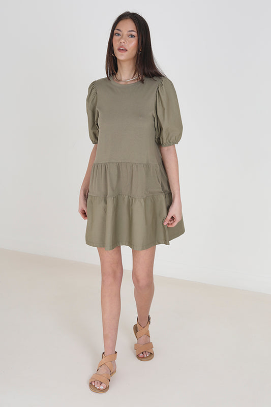 Khaki Crew Neck Puff Sleeve Smock Dress