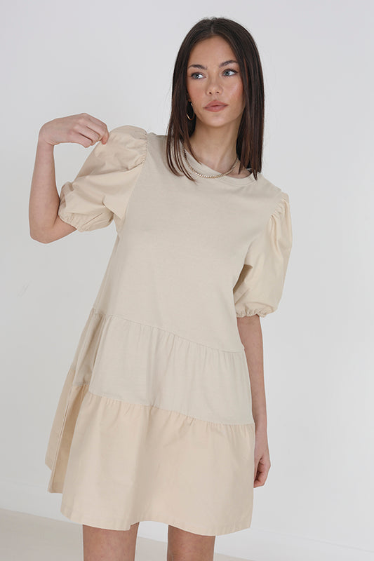 Stone Crew Neck Puff Sleeve Smock Dress