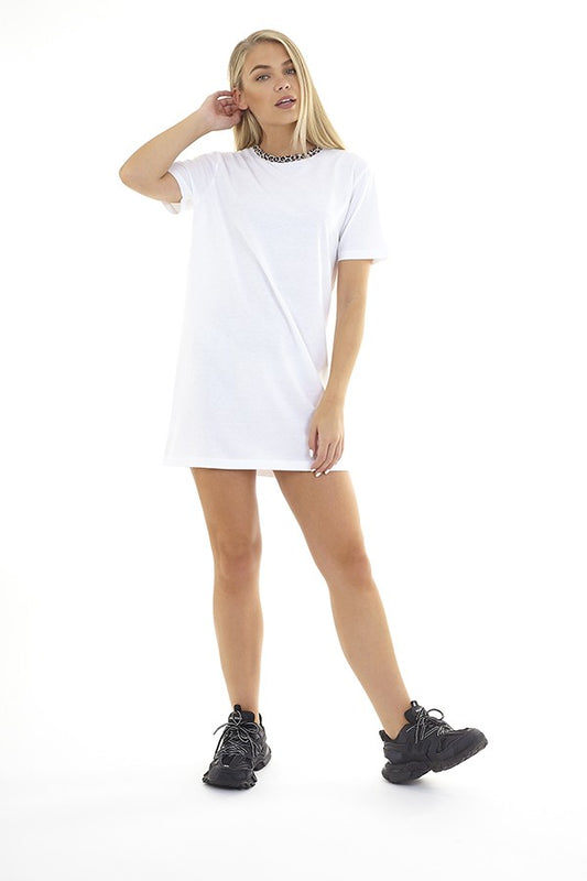 Animal Print Neck Rib White Mini T-Shirt Dress