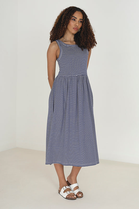 Horizontal Striped Midi Style Smock Dress