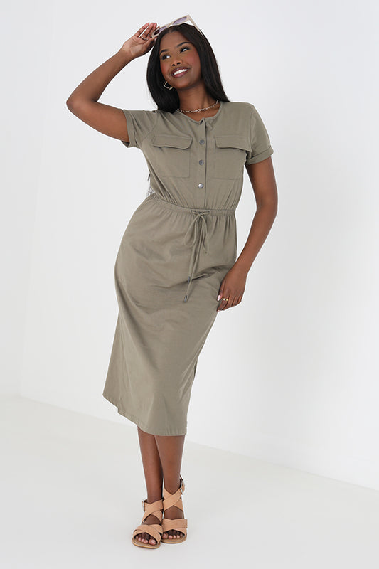 Short Sleeve Tie Waist Midi Utillity Dress