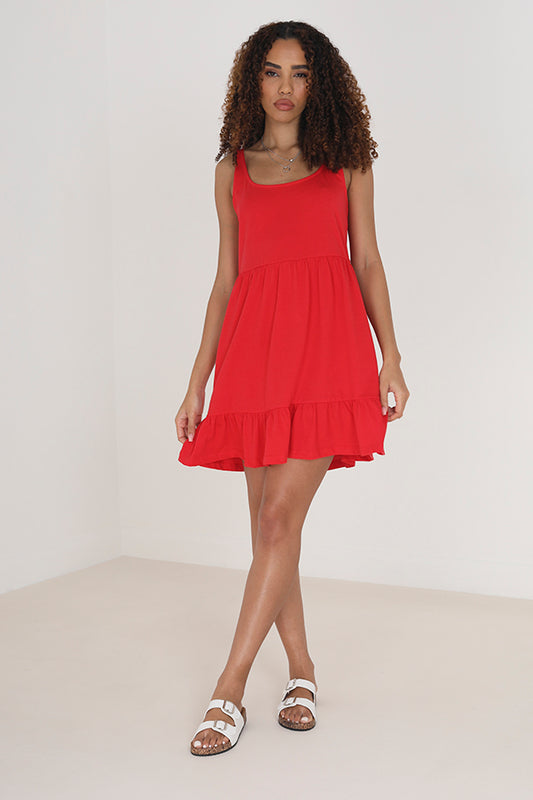 Solid Scoop Neck Tiered Hem Mini Dress
