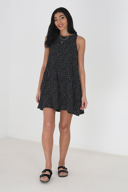 V-Neck Sleeveless 1 Tier Tunic Dress Polka Dot Print