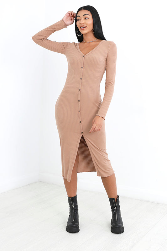 Beige Long Sleeve Ribbed Button Through Midaxi Dress