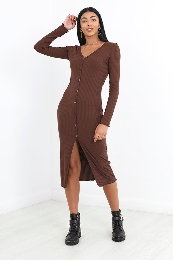 Chocolate Brown Button Through Ribbed Midaxi Dress