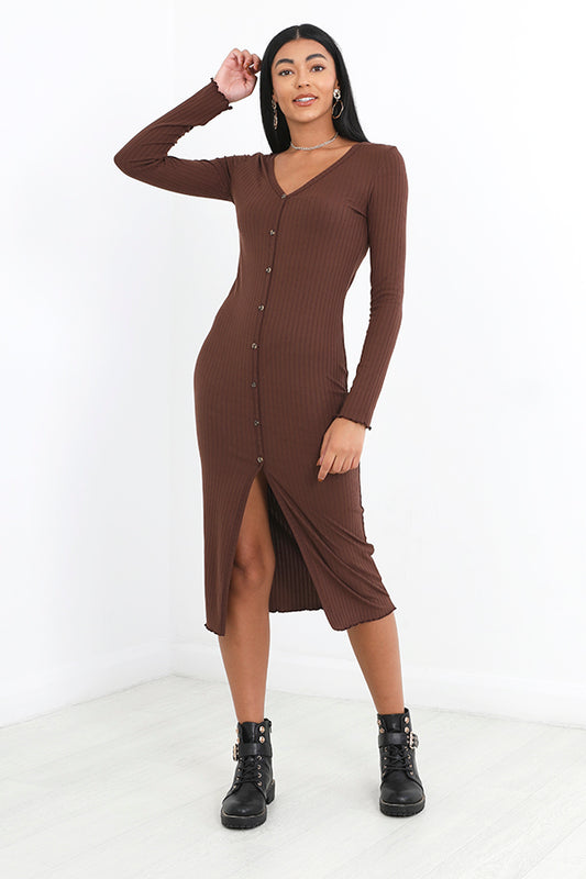 Chocolate Brown Button Through Ribbed Midaxi Dress