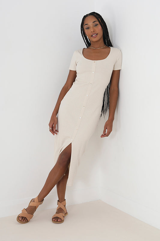 Ribbed Button Front Bodycon Midi Dress