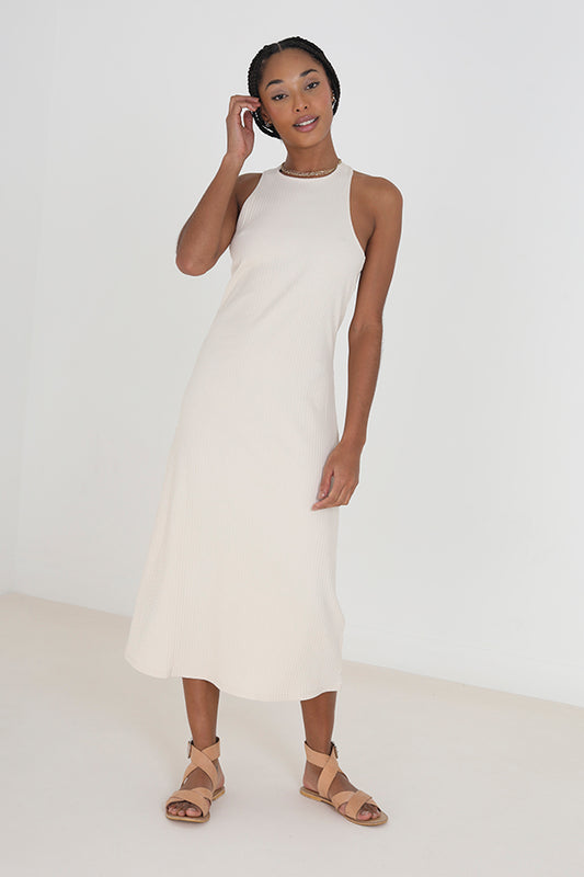 Solid Sleeveless Cross Back Ribbed Midi Dress