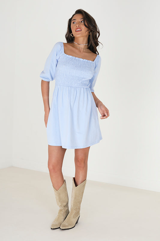 Ruched Body Elsaticated Short Sleeves Mini Dress