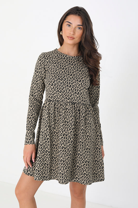 Ladies Long Sleeved Animal Print Mini Smock Dress