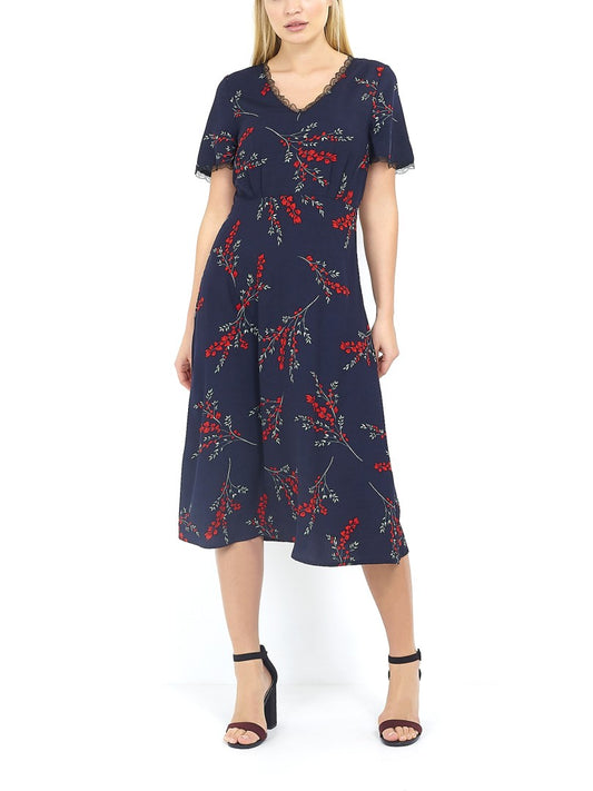Lace Trim Floral Print Midi Dress