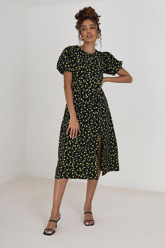 Round Neck Puff Sleeve Front Split Midi Dress