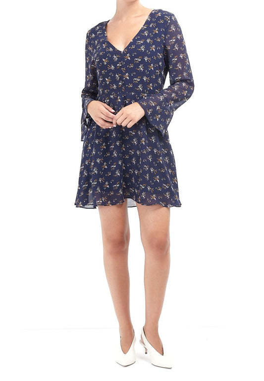Long Sleeve Ditsy Floral Print V-Neck Dress