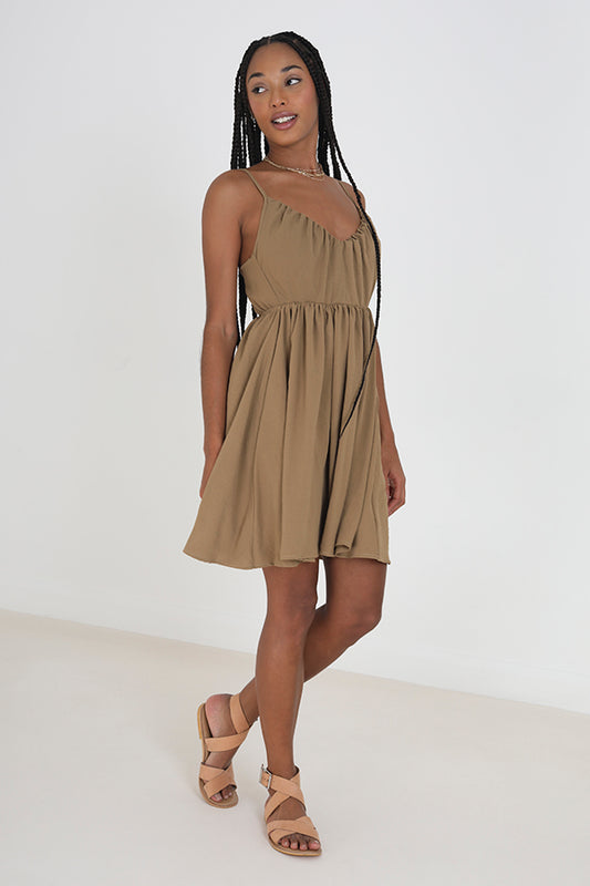 Beige Strappy Open Back Floaty Mini Dress