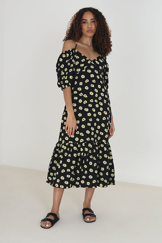 Yellow/Black Floral Tie Back Midi Dress