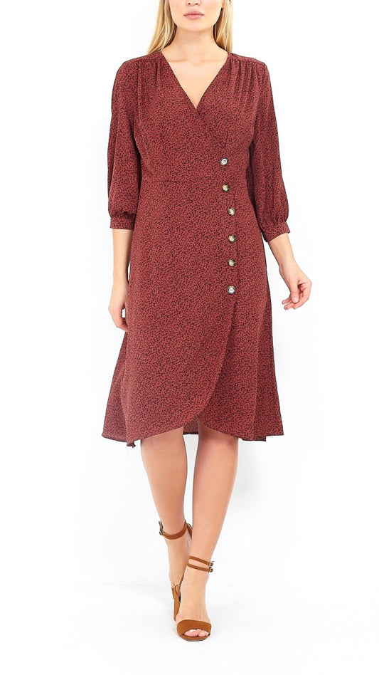 Button Detail Printed V-Neck Midi Dress