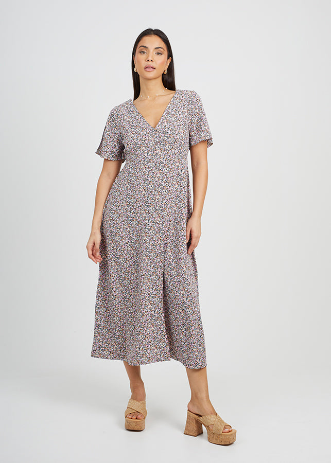 V Neck Multi Floral Midi Dress