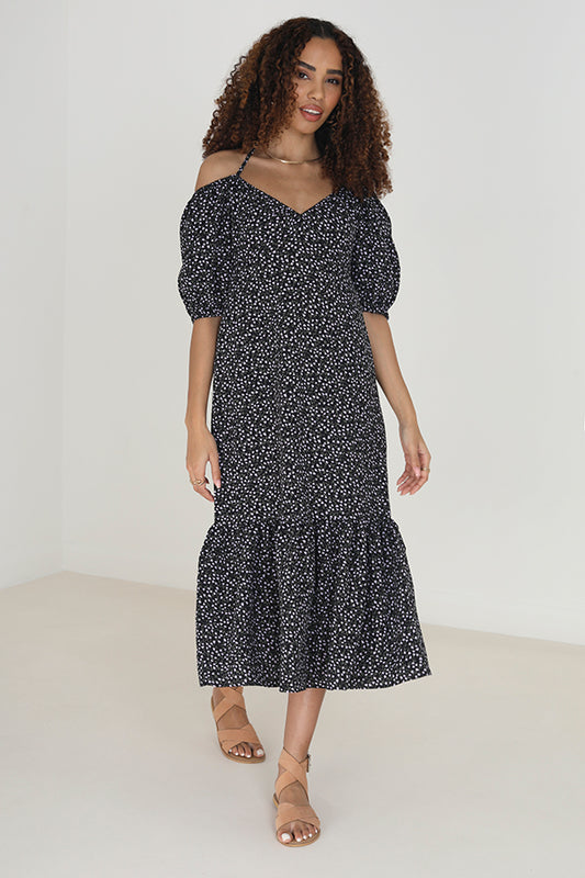 Floral Tiered Hem Tie Neck Midi Dress