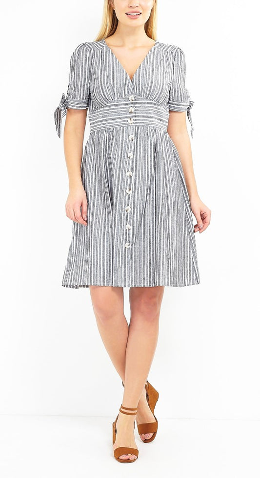 Button Up Striped V-Neck Dress