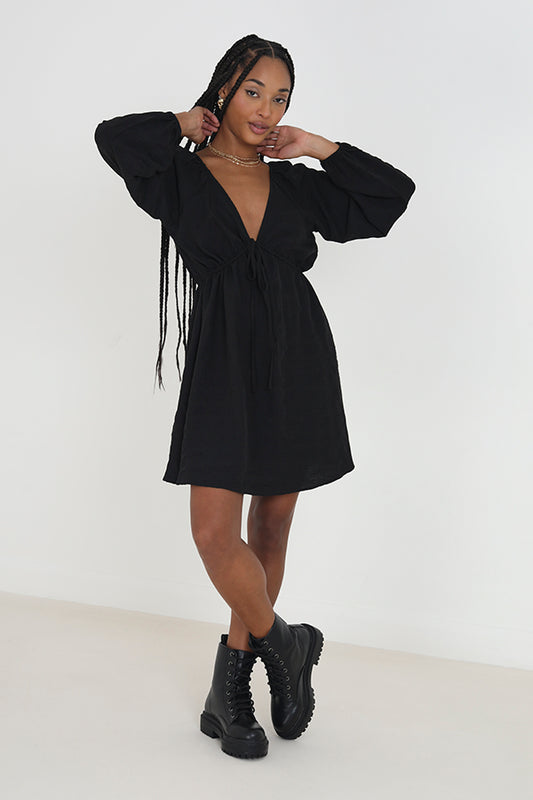 V-Neck Long Puff Sleeve Button Front Mini Dress