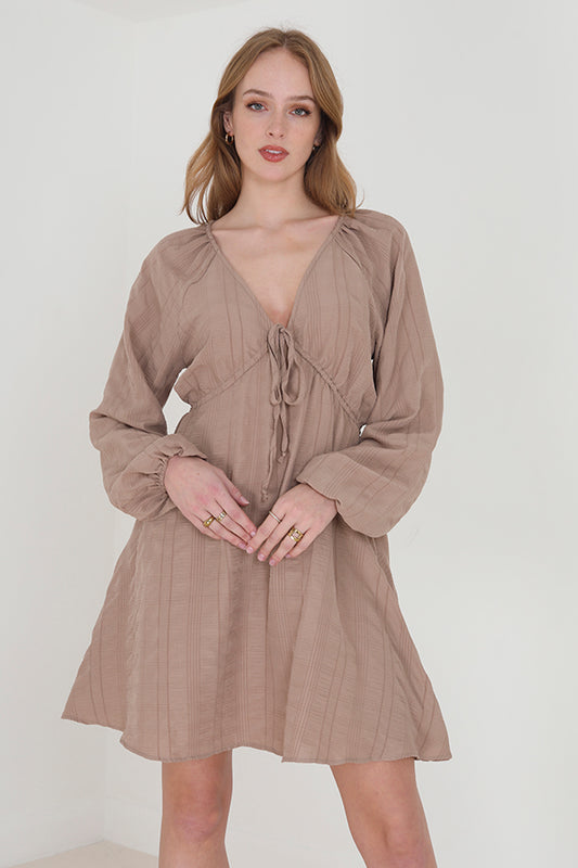 V-Neck Long Puff Sleeve Button Front Mini Dress