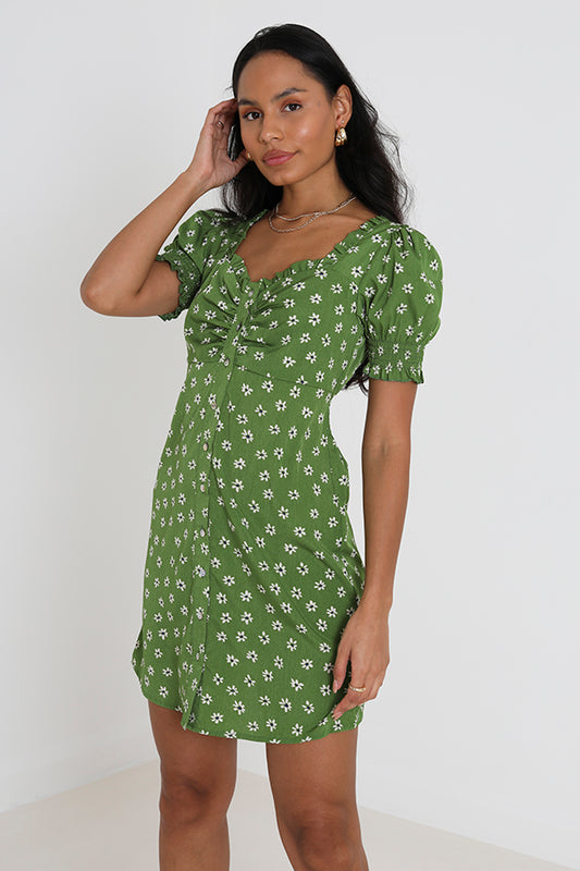 Green Floral Sweetheart Button Front Mini Dress
