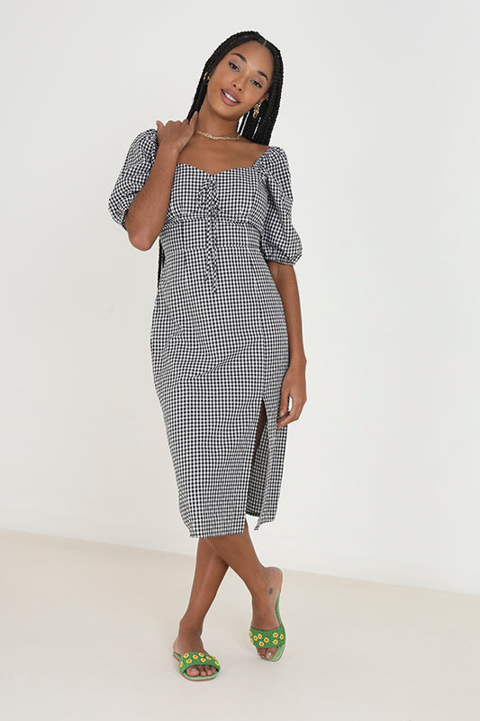 Checked Puff Sleeve Split Tie Up Midi Dress