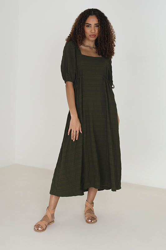 Khaki Open Back Puffy Sleeve Maxi Dress