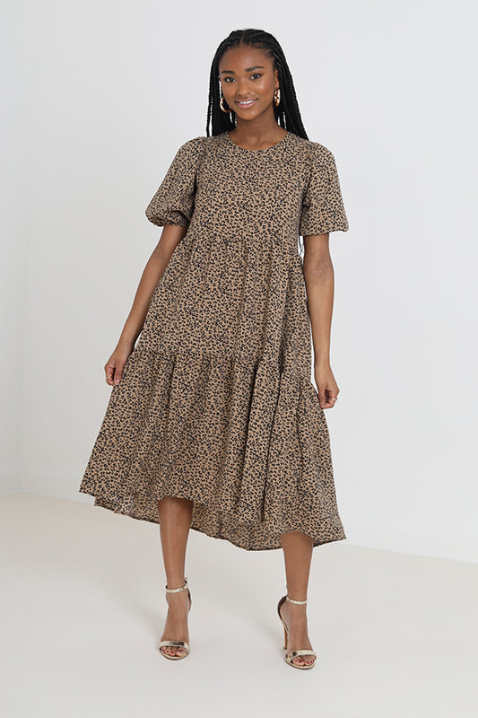 Animal Print Short Sleeve Tiered Midi Dress