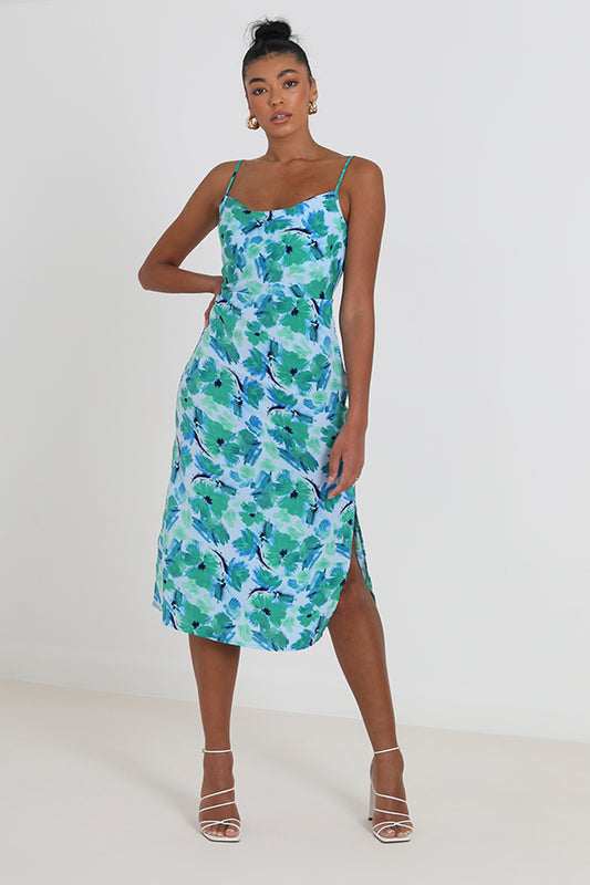 Blue/Green Cowl Neck Floral Print Midi Dress