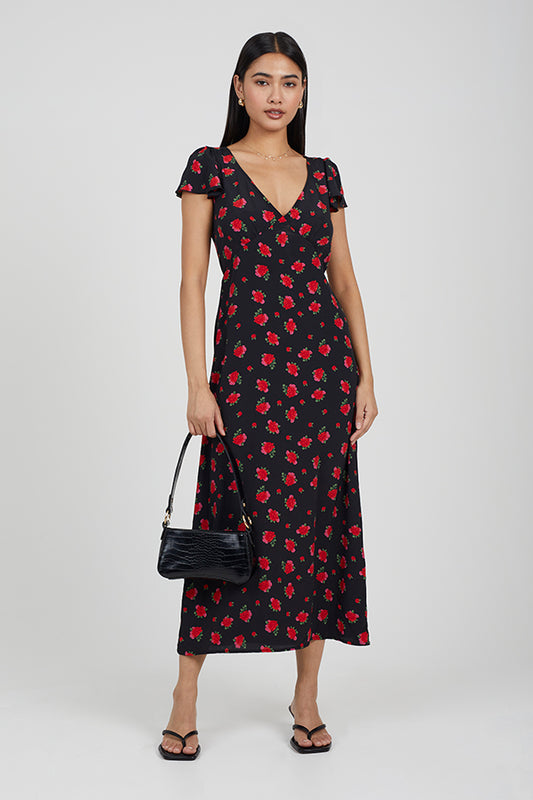 Floral Print V-Neck Midi Dress