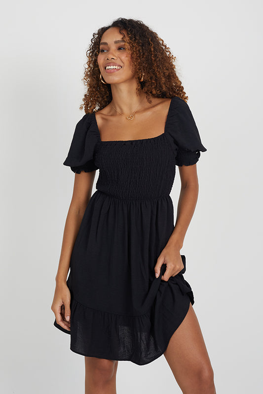 Short Puff Sleeves Layered Hem Dress